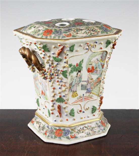 A Chinese export famille rose bough pot and cover, Daoguang period, 23cm, restored handles